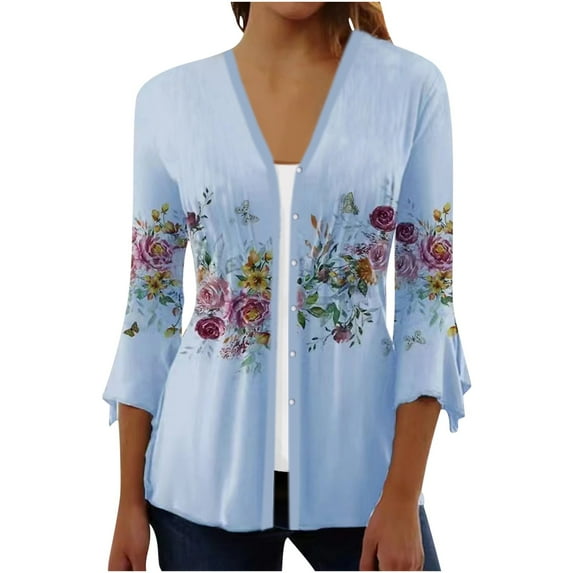 Dyegold Lightweight Cardigans For Women Summer Casual Open Front 3/4 Sleeve Cardigans Plus Size Button Up Floral Kimonos Top