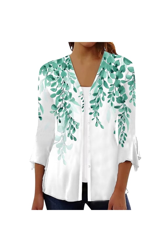 Dyegold Lightweight Cardigans For Women Summer Casual Open Front 3/4 Sleeve Cardigans Plus Size Button Up Floral Kimonos Top