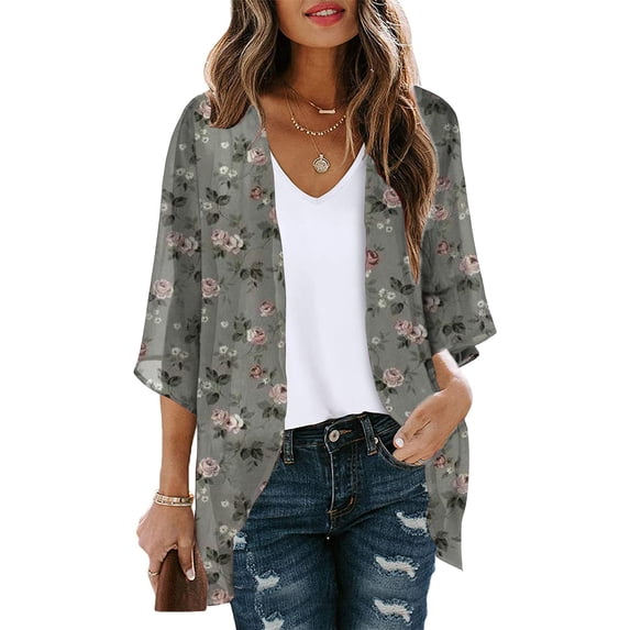 Dyegold Women's Beach Kimono Coverup Sheer Chiffon Cover Ups Casual Loose 3/4 Sleeve Floral Open Front Boho Cardigan Tops
