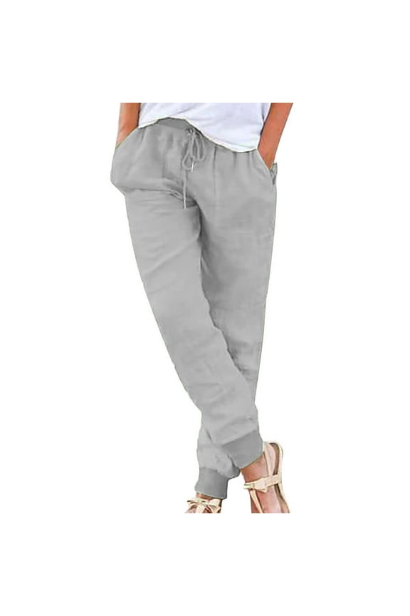 Dyegold Linen Pants For Women Casual Tapered Pants Drawstring Elastic Waist Loose Lightweight Summer Trousers With Pocket
