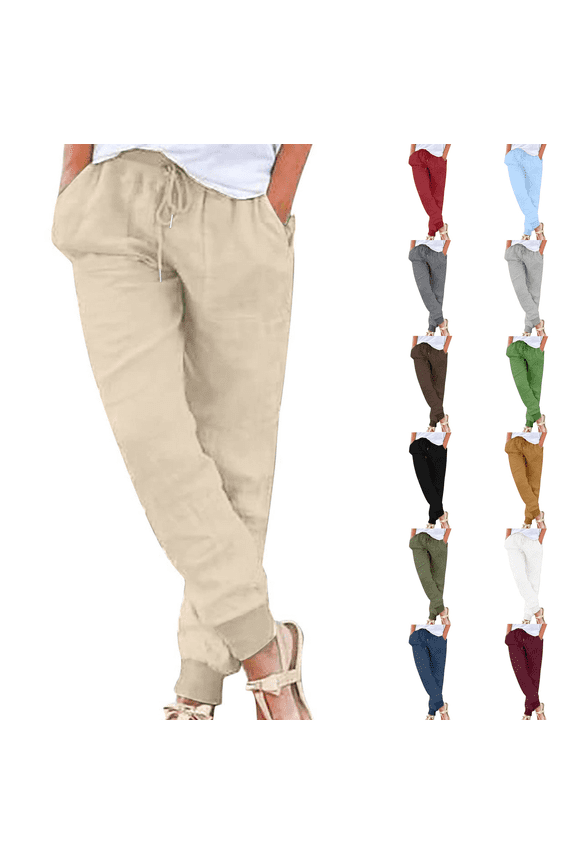 Dyegold Linen Pants For Women Casual Tapered Pants Drawstring Elastic Waist Loose Lightweight Summer Trousers With Pocket