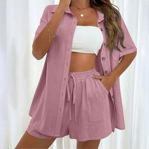 Dyegold Linen Set for Women Shorts Sets 2 Piece Outfit Button Down Short Sleeve Shirts Drawstring Shorts Ladies Matching Lounge Set