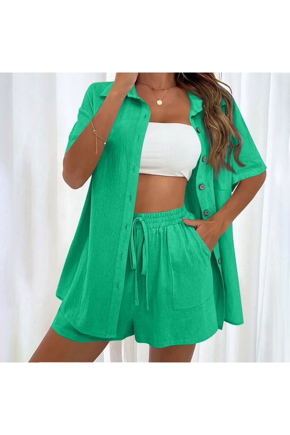 Linen Set for Women Shorts Sets 2 Piece Outfit Button Down Short Sleeve Shirts Drawstring Shorts Ladies Matching Lounge Set