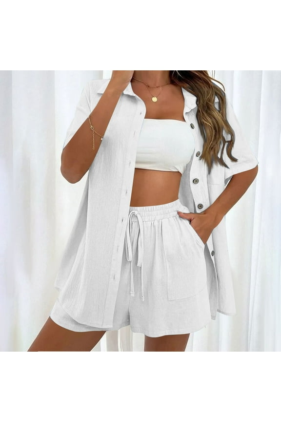 Dyegold Linen Set for Women Shorts Sets 2 Piece Outfit Button Down Short Sleeve Shirts Drawstring Shorts Ladies Matching Lounge Set