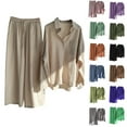 thumbnail image 1 of Dyegold Linen Sets For Women 2 Piece Outfit Long Sleeve Button Down Shirts Drawstring Wide Leg Long Pant Matching Lounge Set, 1 of 5