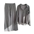 thumbnail image 1 of Dyegold Linen Sets For Women 2 Piece Outfit Long Sleeve Button Down Shirts Drawstring Wide Leg Long Pant Matching Lounge Set, 1 of 5