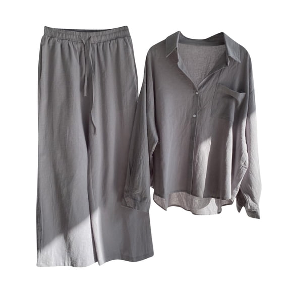 Dyegold Linen Sets For Women 2 Piece Outfit Long Sleeve Button Down Shirts Drawstring Wide Leg Long Pant Matching Lounge Set