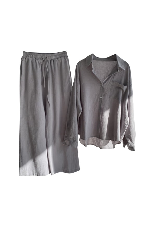 Dyegold Linen Sets For Women 2 Piece Outfit Long Sleeve Button Down Shirts Drawstring Wide Leg Long Pant Matching Lounge Set