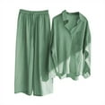 thumbnail image 1 of Dyegold Linen Sets For Women 2 Piece Outfit Long Sleeve Button Down Shirts Drawstring Wide Leg Long Pant Matching Lounge Set, 1 of 8