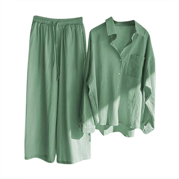 Dyegold Linen Sets For Women 2 Piece Outfit Long Sleeve Button Down Shirts Drawstring Wide Leg Long Pant Matching Lounge Set
