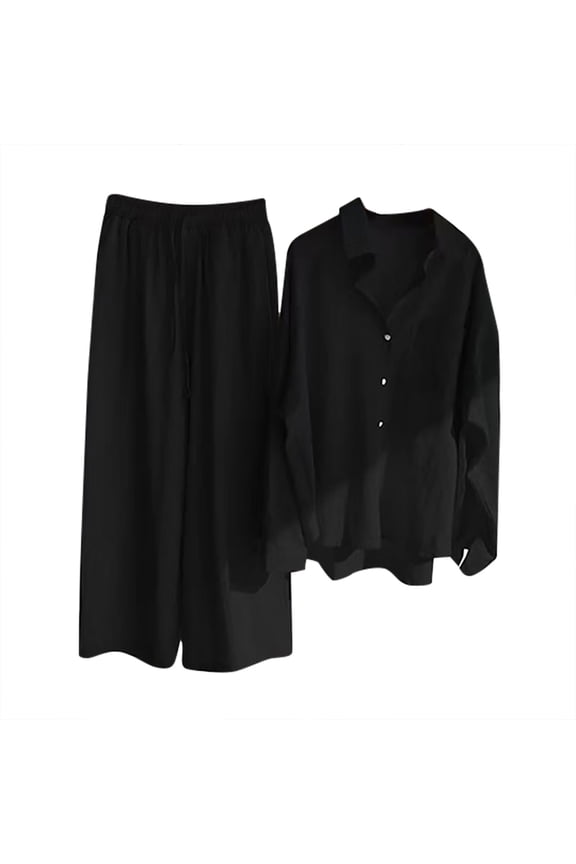 Dyegold Linen Sets For Women 2 Piece Outfit Long Sleeve Button Down Shirts Drawstring Wide Leg Long Pant Matching Lounge Set