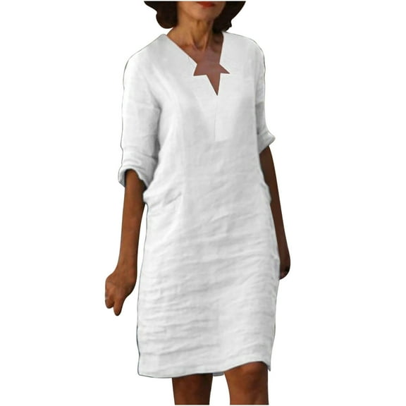 Dyegold Linen Shirt Dresses For Women Summer Casual V Neck Half Sleeve Shift Dress Knee Length Loose Plus Size Vintage Dress