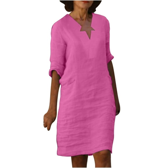 Dyegold Linen Shirt Dresses For Women Summer Casual V Neck Half Sleeve Shift Dress Knee Length Loose Plus Size Vintage Dress