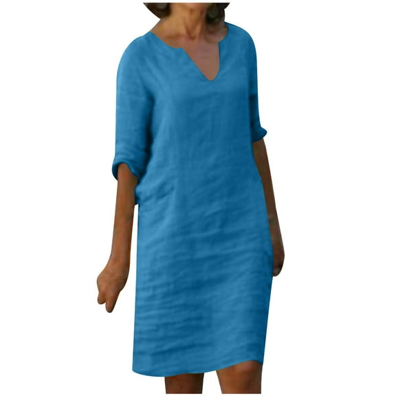 Dyegold Linen Shirt Dresses For Women Summer Casual V Neck Half Sleeve Shift Dress Knee Length Loose Plus Size Vintage Dress