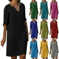 thumbnail image 1 of Dyegold Linen Shirt Dresses For Women Summer Casual V Neck Half Sleeve Shift Dress Knee Length Loose Plus Size Vintage Dress, 1 of 5
