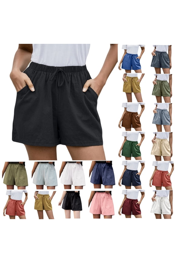 Dyegold Linen Shorts For Women Casual Comfy Elastic Waist Drawstring Shorts Summer Beach Lightweight Short Pants With Pocket