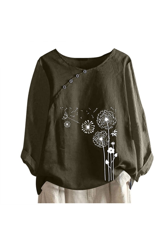 Dyegold Linen Tops For Women Fall Fashion 2023 Long Sleeve Button Shirts Plus Size Dandelion Graphic Crewneck Blouses Tunics