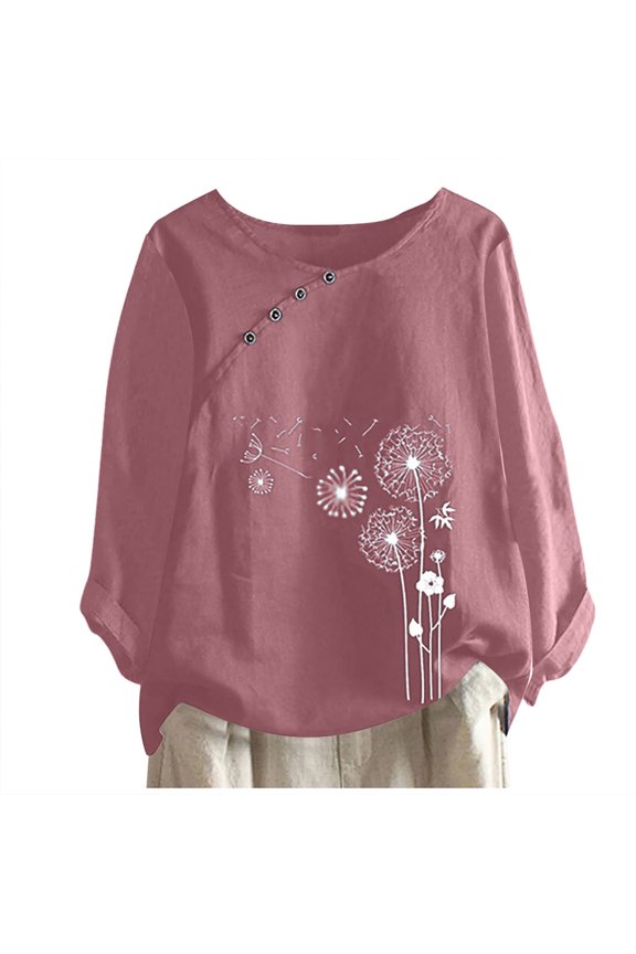 Dyegold Linen Tops For Women Fall Fashion 2023 Long Sleeve Button Shirts Plus Size Dandelion Graphic Crewneck Blouses Tunics