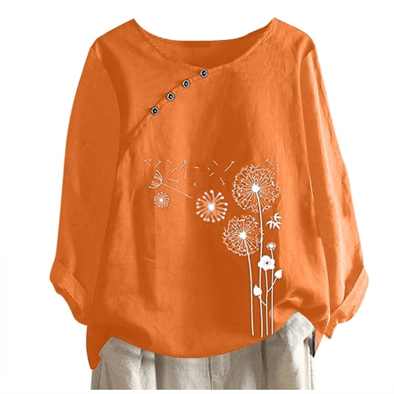 Dyegold Linen Tops For Women Fall Fashion 2023 Long Sleeve Button Shirts Plus Size Dandelion Graphic Crewneck Blouses Tunics