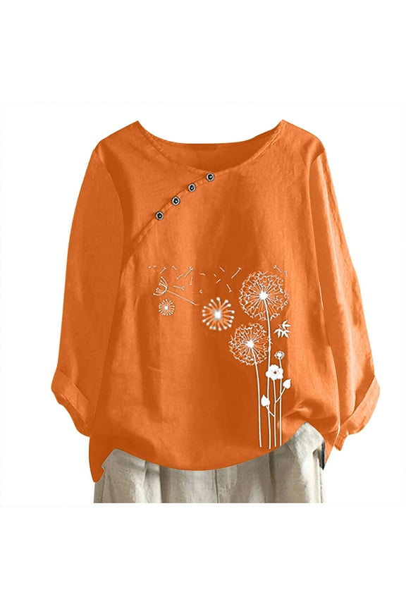 Dyegold Linen Tops For Women Fall Fashion 2023 Long Sleeve Button Shirts Plus Size Dandelion Graphic Crewneck Blouses Tunics