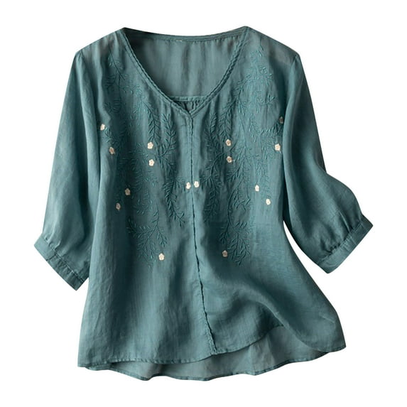 Dyegold Linen Tops For Women Summer Casual Half Sleeve Blouses Floral Print Loose Round Neck Shirts Plus Size Vintage Tunics