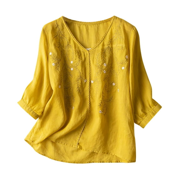 Dyegold Linen Tops For Women Summer Casual Half Sleeve Blouses Floral Print Loose Round Neck Shirts Plus Size Vintage Tunics