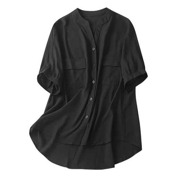 Dyegold Linen Tops For Women Summer Casual Half Sleeve Blouses Floral Print Loose Round Neck Shirts Plus Size Vintage Tunics