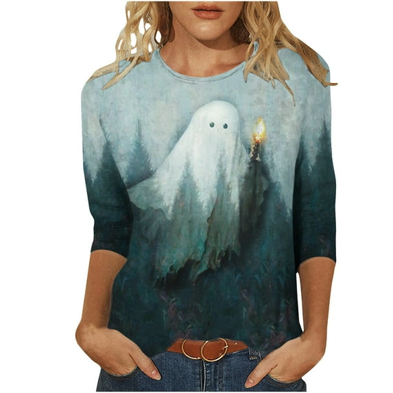 Dyegold Long Sleeve Halloween Shirts For Women Sale Teen Girls Pumpkin Witch Ghost Pullover Tops 3/4 Sleeve T Shirts For Women Fuzzy Vacation Halloween Women Fashion Free Shipping