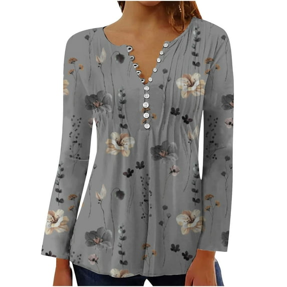 Dyegold Long Sleeve Tunic Tops For Women Fall Fashion 2023 Pleated V-Neck Blouses Casual Vintage Boho Floral Shirts Tshirts