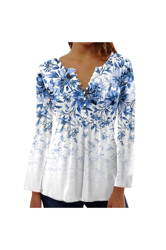 Dyegold Long Sleeve Tunic Tops For Women Fall Fashion 2023 Pleated V-Neck Blouses Casual Vintage Boho Floral Shirts Tshirts