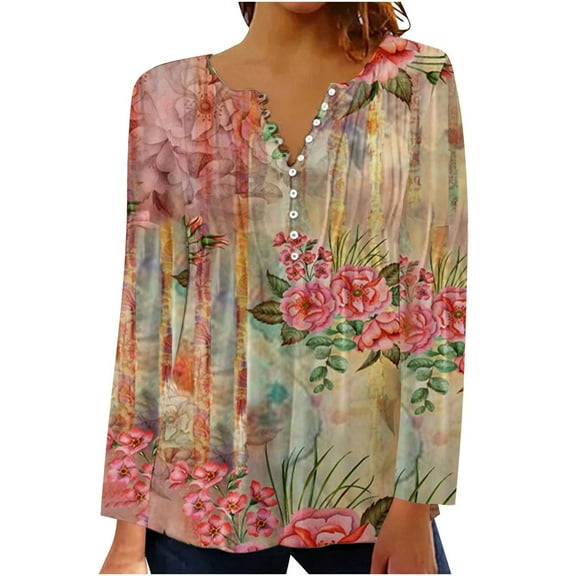 Dyegold Long Sleeve Tunic Tops For Women Fall Fashion 2023 Pleated V-Neck Blouses Casual Vintage Boho Floral Shirts Tshirts