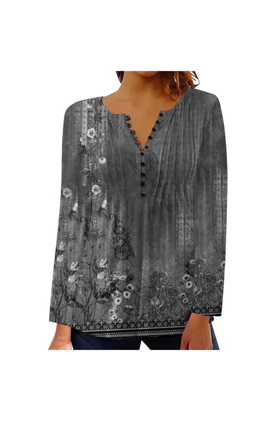 Long Sleeve Tunic Tops For Women Fall Fashion 2023 Pleated V-Neck Blouses Casual Vintage Boho Floral Shirts Tshirts