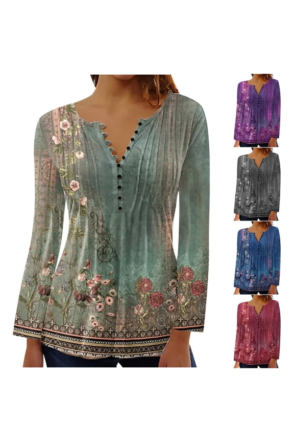 Dyegold Long Sleeve Tunic Tops For Women Fall Fashion 2023 Pleated V-Neck Blouses Casual Vintage Boho Floral Shirts Tshirts