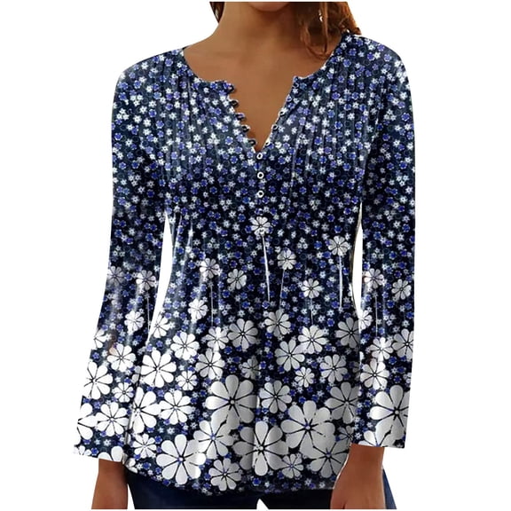 Dyegold Long Sleeve Tunic Tops For Women Fall Fashion 2023 Pleated V-Neck Blouses Casual Vintage Boho Floral Shirts Tshirts