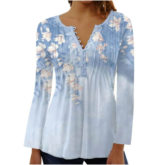 Dyegold Long Sleeve Tunic Tops For Women Fall Fashion 2023 Pleated V-Neck Blouses Casual Vintage Boho Floral Shirts Tshirts