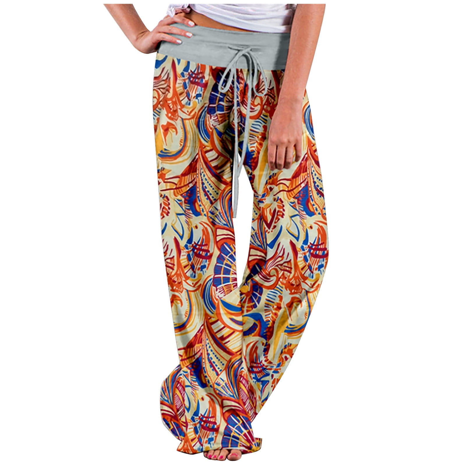 Women's Boho Palazzo Pants - Floral Print, Stretchy Wide Leg, Drawstring Waist