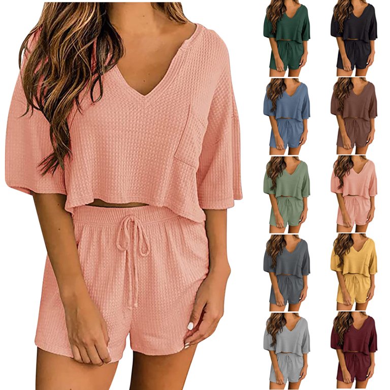 Dyegold Lounge Sets For Women 2 Piece Short Sleeve Waffle Knit Pajama Sets  Lounge Top And Shorts Two Piece Tracksuit Outfits 