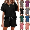 thumbnail image 1 of Dyegold Matching Sets For Women Summer Button Down Top Drawstring Shorts Two Piece Outfits Set Cute Casual Lounge Pajama Set, 1 of 8