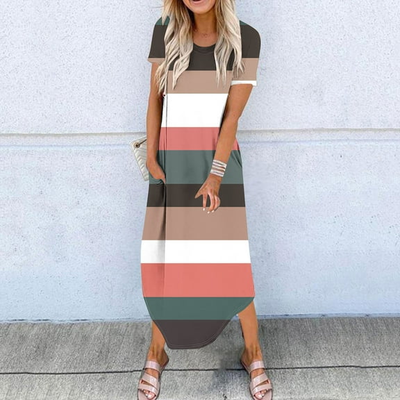 Dyegold Maxi Dress Tie Dye Summer Dresses for Women T Shirt Dress Round Neck Short Sleeve Loose Causal Long Sundresses