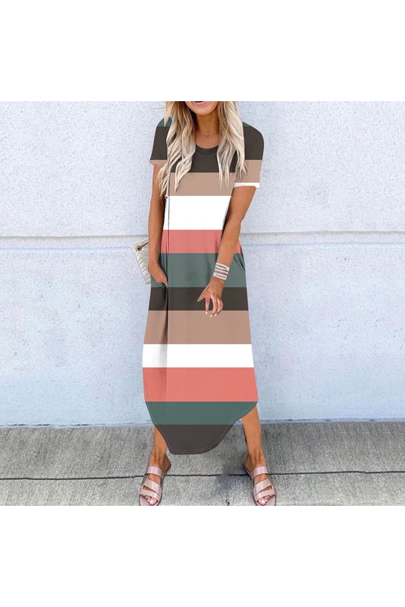 Dyegold Maxi Dress Tie Dye Summer Dresses for Women T Shirt Dress Round Neck Short Sleeve Loose Causal Long Sundresses