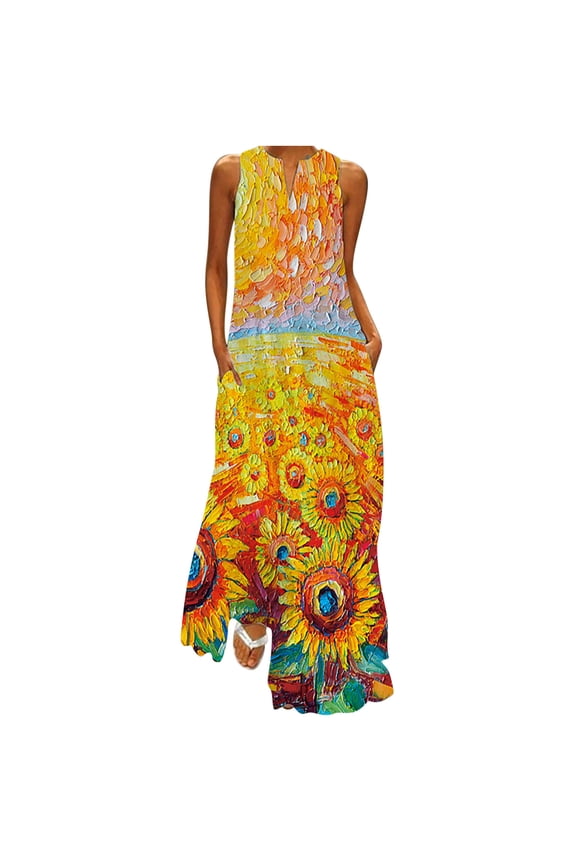 Dyegold Maxi Dresses For Women 2023 Casual Plus Size Long Dresses Floral Print Vintage Boho V Neck Sleeveless Tunic Dresses