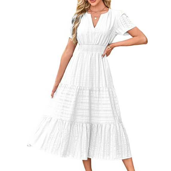 Womens Summer Casual Midi Maxi Dresses Light-Weight Short Sleeve V Neck Elastic Waist Boho Beach Dress Pockets White XL