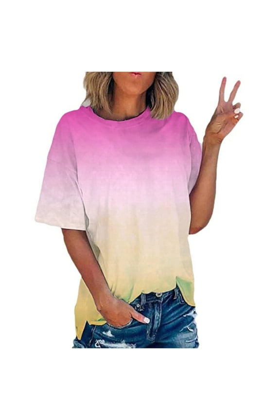 Dyegold Neon Tie Dye Shirt Women Short Sleeve Round Neck Ombre Tops Summer Dressy Casual Cute Blouses Plus Size Basic Tees