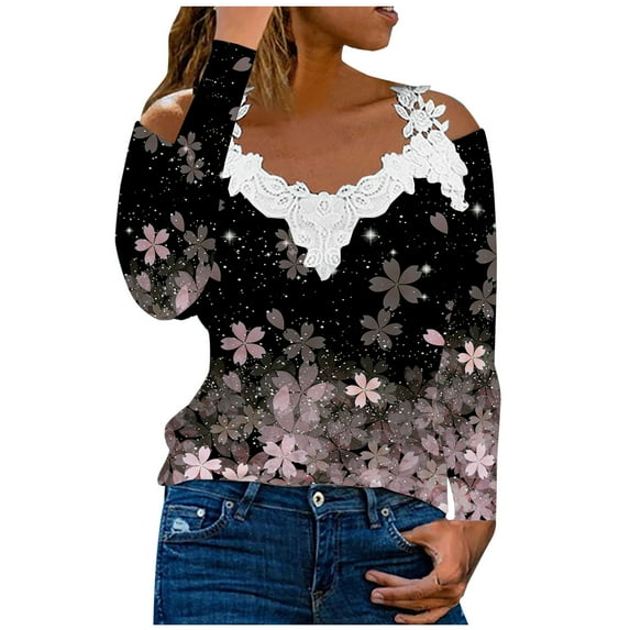 Dyegold Off Shoulder Long Sleeve Tops For Women Fashion Fall 2023 Shirts Dressy Casual V Neck Lace Reim Floral Print Blosues