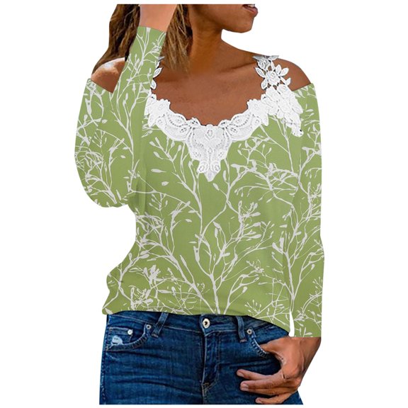 Dyegold Off Shoulder Long Sleeve Tops For Women Fashion Fall 2023 Shirts Dressy Casual V Neck Lace Reim Floral Print Blosues