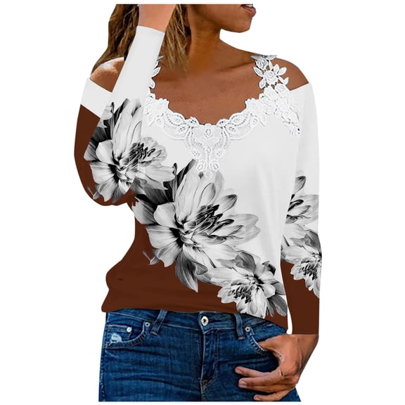 Dyegold Off Shoulder Long Sleeve Tops For Women Fashion Fall 2023 Shirts Dressy Casual V Neck Lace Reim Floral Print Blosues