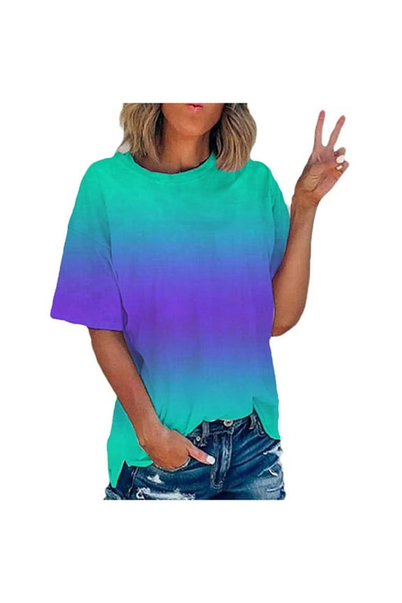Dyegold Ombre Shirt Women Trendy Short Sleeve Crew Neck Basic Tee Tops Casual Loose Blouses Summer Plus Size Gradient Shirts