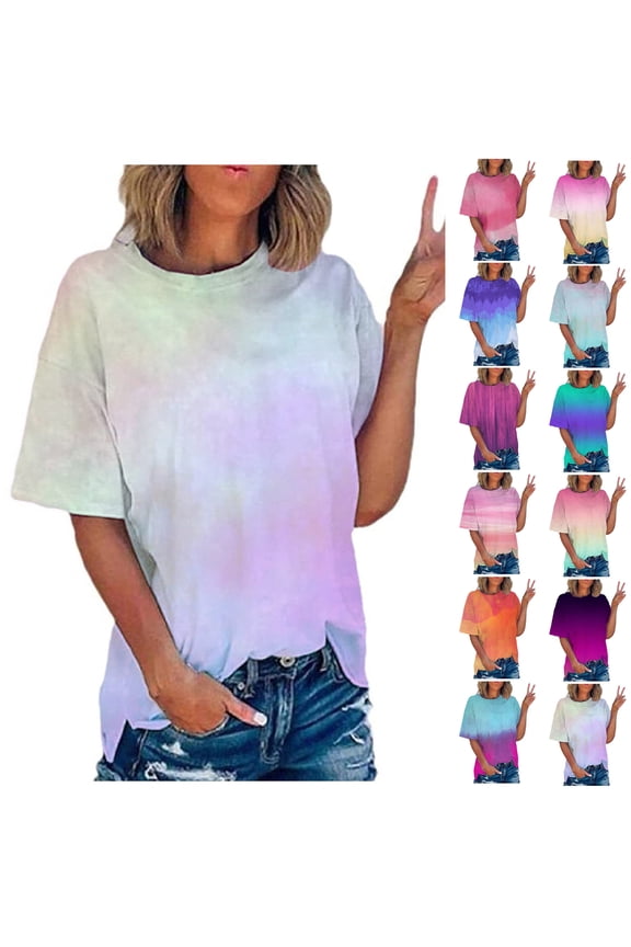 Dyegold Ombre Shirt Women Trendy Short Sleeve Crew Neck Basic Tee Tops Casual Loose Blouses Summer Plus Size Gradient Shirts