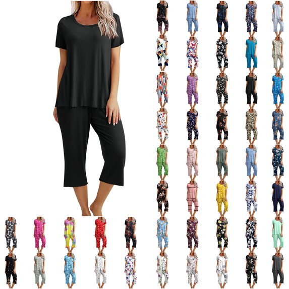 Dyegold Pajama Sets For Women Soft 2 Piece Summer Outfit Floral Short Sleeve Shirt And Capri Pants Lounge Matching Pjs Set