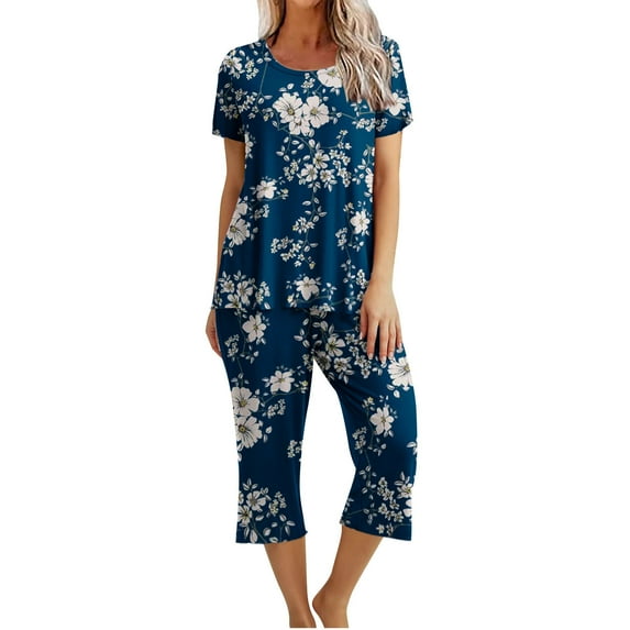 Dyegold Pajama Sets For Women Soft 2 Pieces Outfit Short Sleeve Round Neck Tops Shirts Capris Pant Loungewear Lounge Pjs Set